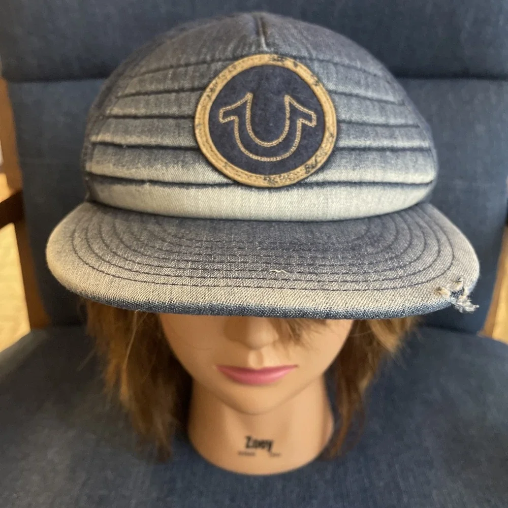 True Religion Blue Denim Ribbed Horseshoe Patch Strapback Hat Distressed Cap
